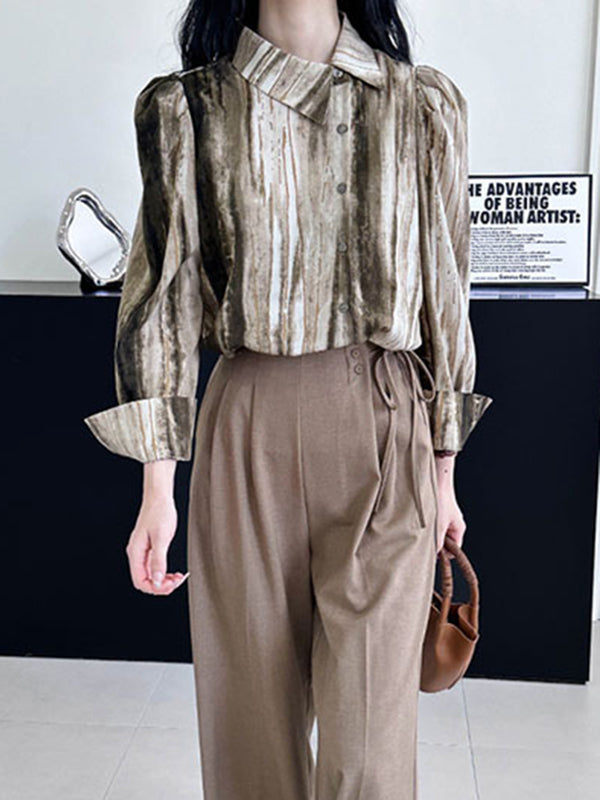 Asymmetric Gradient Pleated Printed Loose Puff Sleeves Lapel Blouses