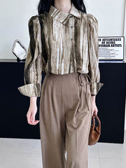 Asymmetric Gradient Pleated Printed Loose Puff Sleeves Lapel Blouses