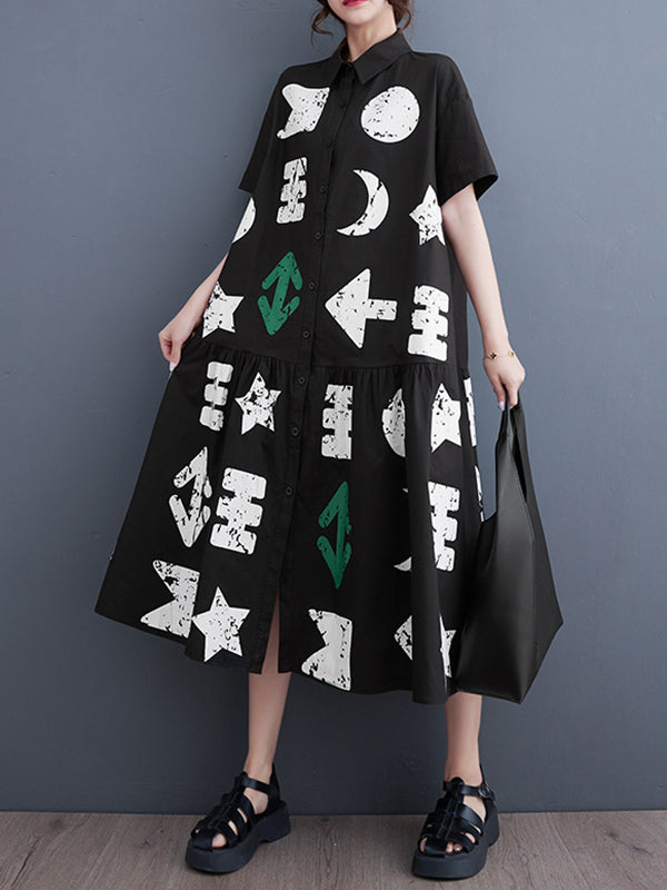 Buttoned Pleated Pockets Printed Split-Joint Loose Short Sleeves Lapel Shirt Dress Midi Dresses