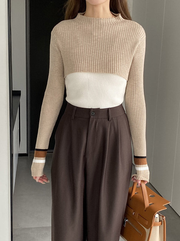 Contrast Color Long Sleeves Loose Round-Neck Two Pieces Set Cover-Ups Tops