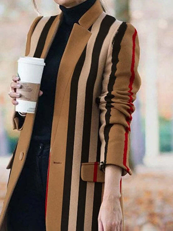 Buttoned Split-Joint Striped Long Sleeves Loose Stand Collar Woolen Coat