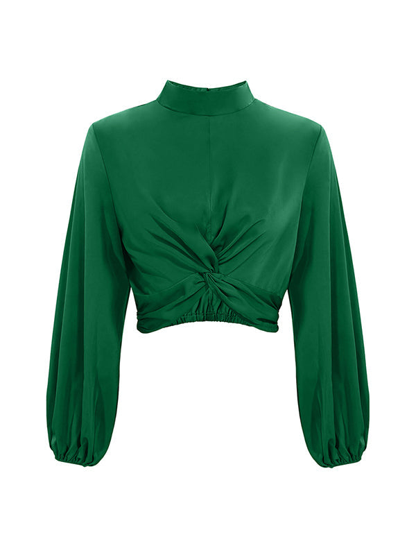 Elasticity Hollow Knot Pleated Ruffled Long Sleeves Puff Sleeves Mock Neck Blouses&Shirts Tops