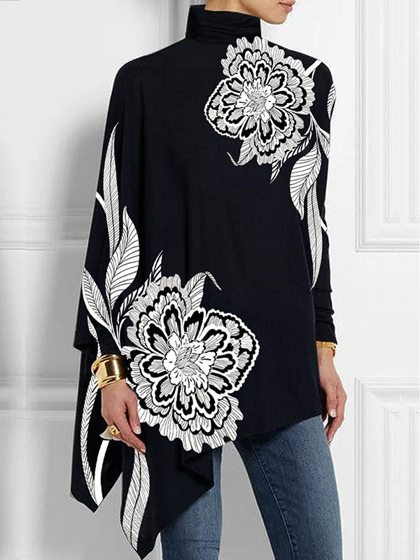 Asymmetric Floral Printed Split-Joint Batwing Sleeves Loose High Neck T-Shirts