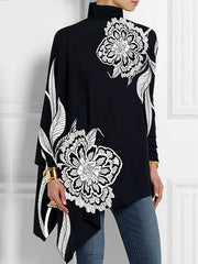 Asymmetric Floral Printed Split-Joint Batwing Sleeves Loose High Neck T-Shirts