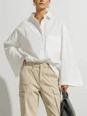 Buttoned Pockets Solid Color Long Sleeves Loose Lapel Blouses&Shirts Tops