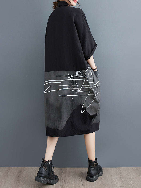 Pockets Printed Half Sleeves Loose Lapel Midi Dresses