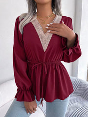 Drawstring Elasticity Split-Joint Flared Sleeves Long Sleeves V-Neck Blouses&Shirts Tops