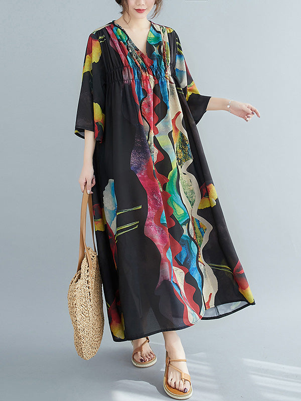 Loose Abstract Printed V-Neck Dress