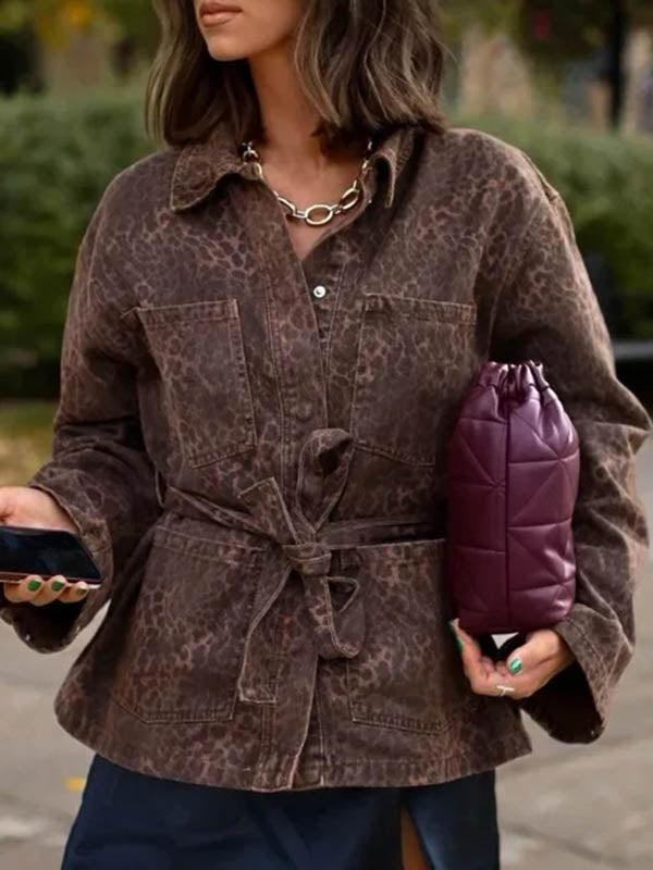 Leopard Tied Waist Long Sleeves Loose Blouses&shirts Tops