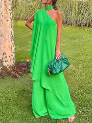 Simple High-Low Wide Leg Asymmetric High-Neck Two Pieces Set