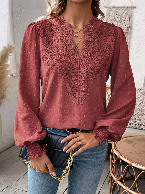 Elasticity Hollow Jacquard Solid Color Split-Joint Loose Puff Sleeves V-Neck Blouses&Shirts Tops