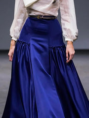 Belted Pleated Solid Color Split-Joint A-Line Loose Skirts Bottoms
