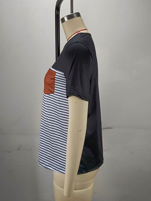 Split-Joint Striped Loose Short Sleeves Round-Neck T-Shirts Tops
