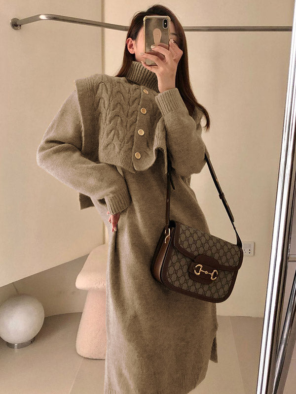 Original Stylish Buttoned Shawl High-Neck Long Sleeves Sweater Dress