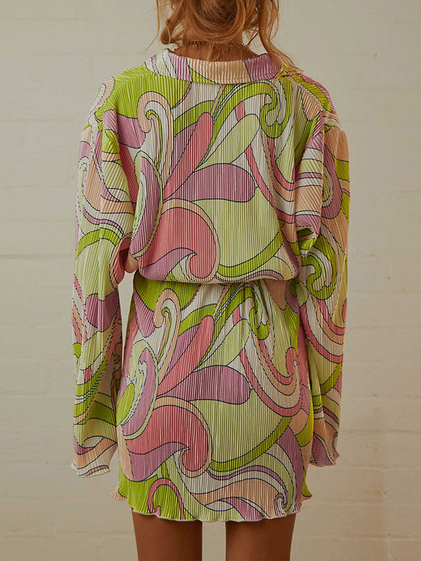 Buttoned Pleated Printed Tied Waist Long Sleeves Loose Lapel Mini Dresses