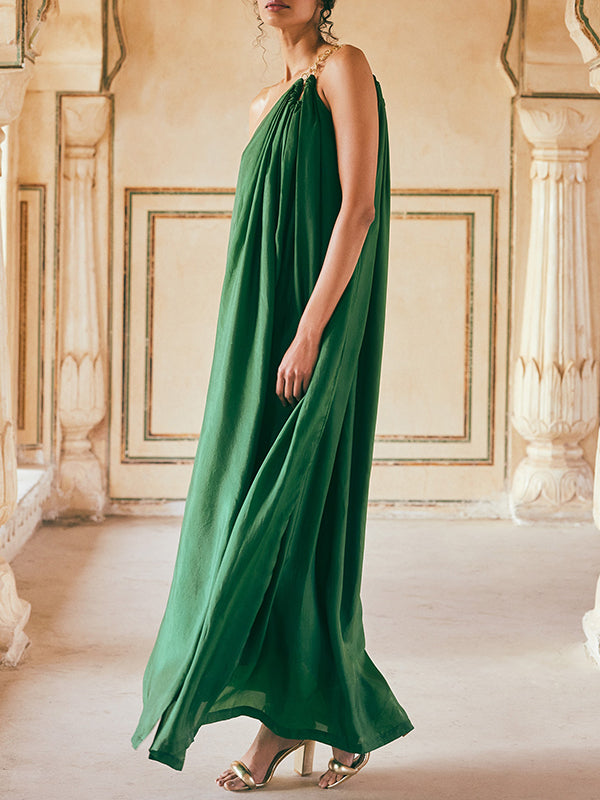 Chains See-Through Split-Front Split-Joint Loose Sleeveless One-Shoulder Maxi Dresses