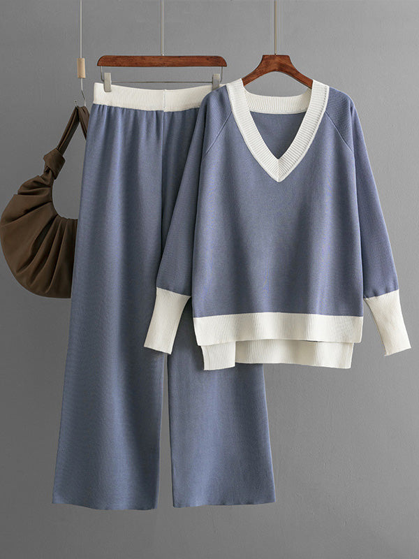 High-Low Contrast Color Split-Side V-Neck Sweater Tops + Elasticity Pants Trousers Two Pieces Set