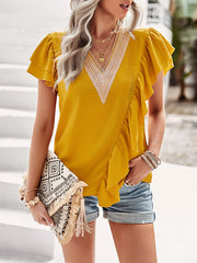 Applique Split-Joint Loose Short Sleeves V-Neck T-Shirts Tops
