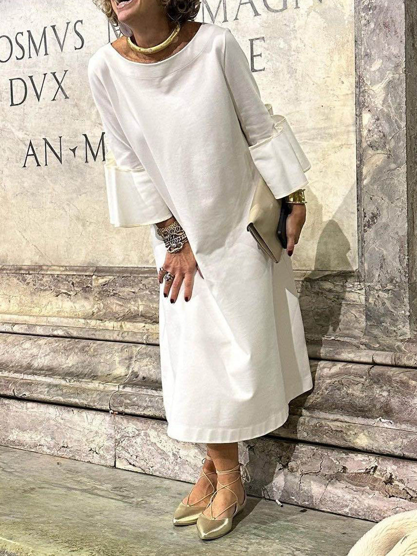 Solid Color Loose Three-quarter Sleeves Round-neck Midi Dresses