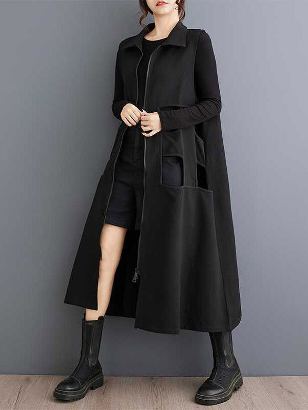 Hollow Solid Color Zipper Loose Sleeveless Lapel Midi Dresses