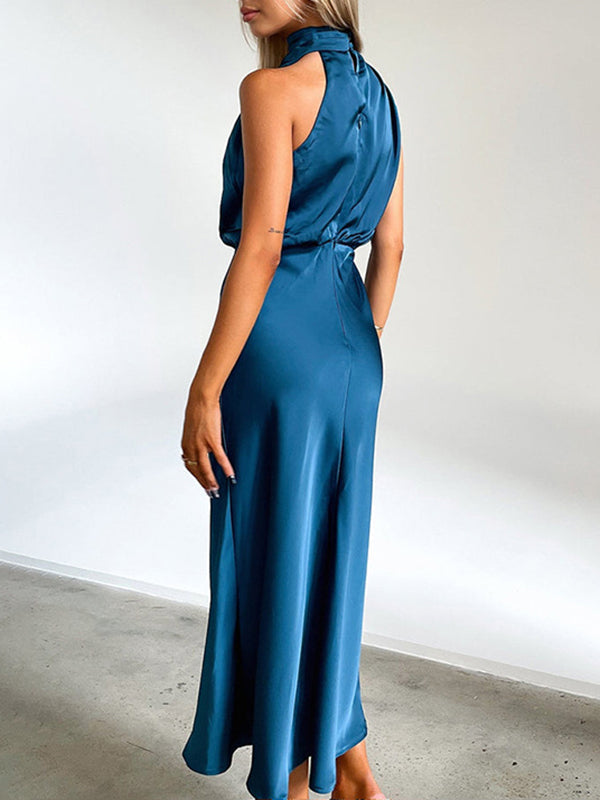 Solid Color High Waisted Sleeveless Halter-Neck Midi Dresses