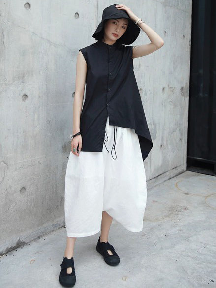 Loose White Linen Split-Side Harem Pants