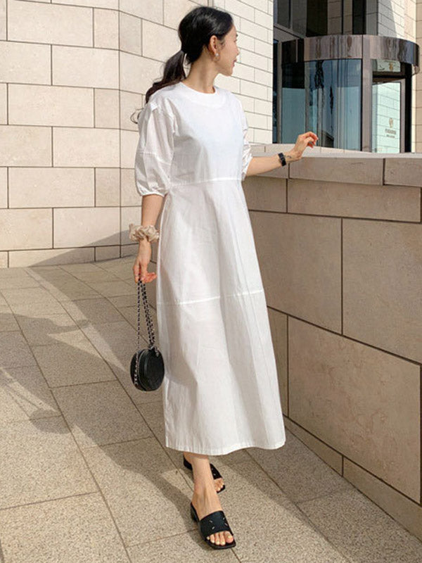 Casual Round-Neck Bishop Sleeve Loose Solid Color Midi Dress