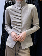 Long Sleeves Pleated Solid Color High Neck Pullovers