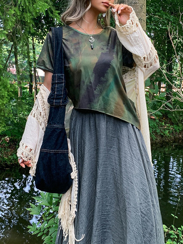 Asymmetric Split-Joint Tie-Dyed Irregular Clipping Short Sleeves Round-Neck T-Shirts