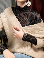 See-Through Solid Color Long Sleeves Plus Size High Neck T-Shirts Tops