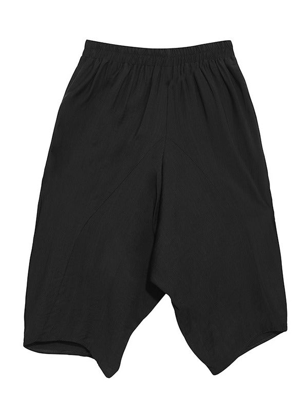 Loose Solid Color Round-Neck Short Sleeves  Tops+ Elasticity Pleated Cropped Pants Two Pieces Set