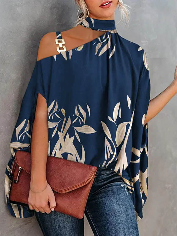 Asymmetric Chains Printed Batwing Sleeves Loose Asymmetric Collar T-Shirts Tops