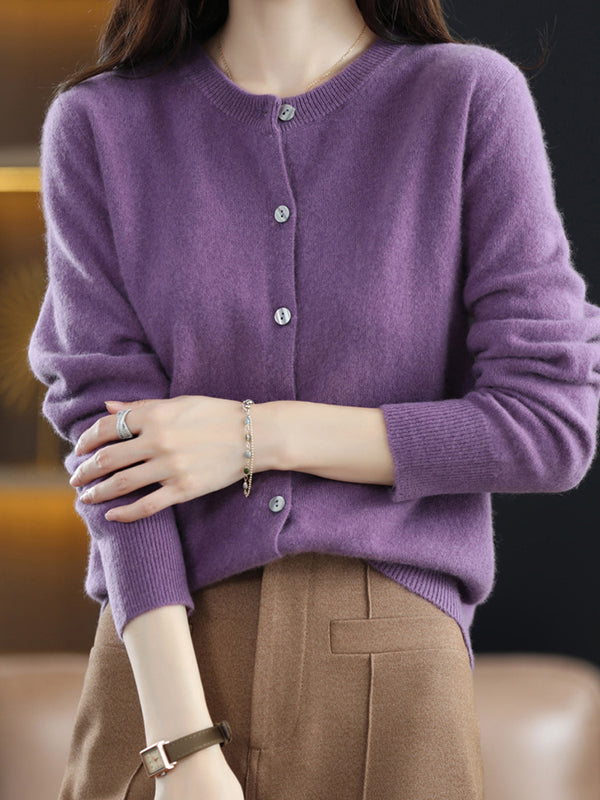Buttoned Elasticity Long Sleeves Round-Neck Knitwear Cardigan Tops