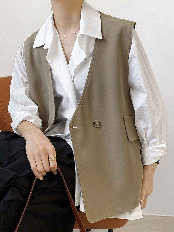 Pockets Split-Joint Loose Sleeveless V-Neck Vest Top
