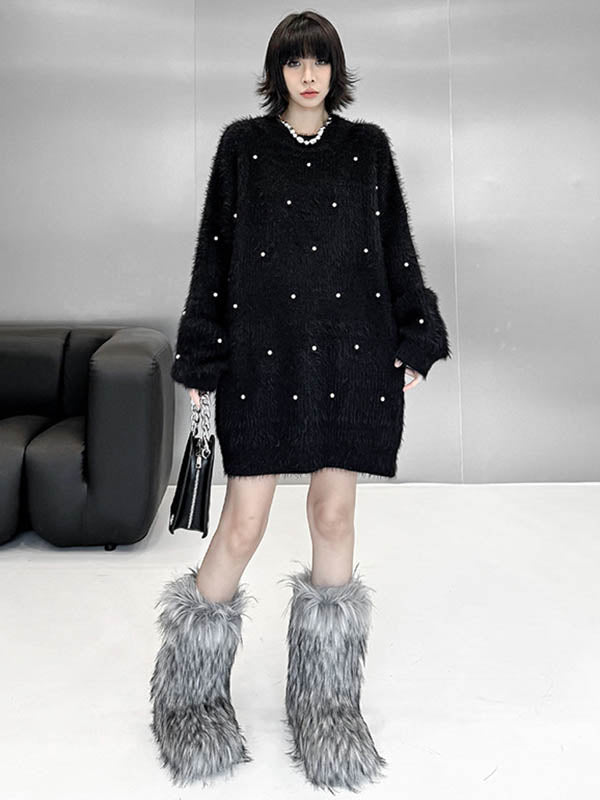 Beads Contrast Color Shiny Split-Joint Long Sleeves Loose Round-Neck Sweater Dresses Mini Dresses
