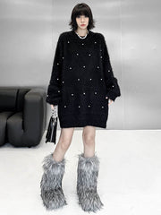 Beads Contrast Color Shiny Split-Joint Long Sleeves Loose Round-Neck Sweater Dresses Mini Dresses