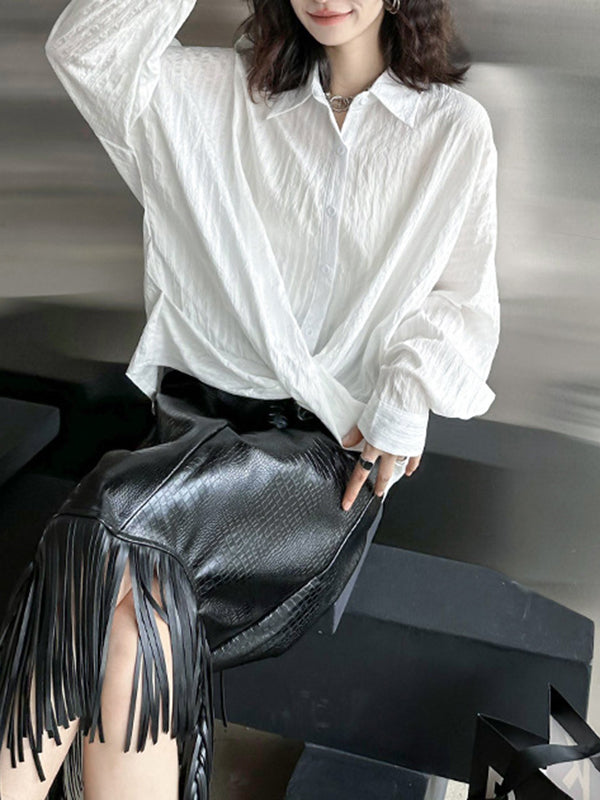 Buttoned Solid Color Long Sleeves Loose Lapel Blouses&Shirts Tops