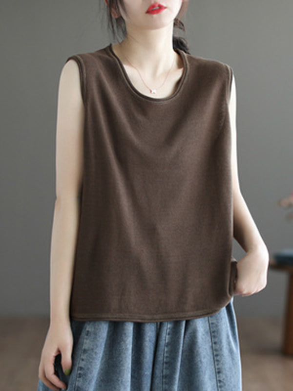 Solid Color Loose Sleeveless Round-neck Knitting Vest Top