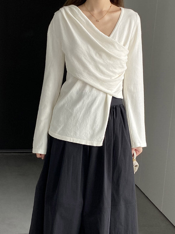 Asymmetric Solid Color Long Sleeves Loose V-Neck T-Shirts Tops
