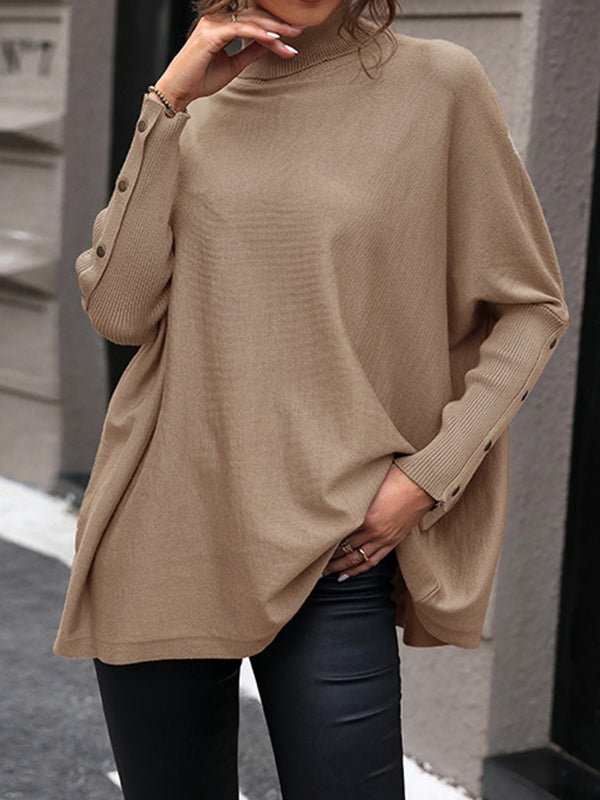 Buttoned Solid Color Split-Joint Batwing Sleeves Long Sleeves High Neck Sweater Tops Pullovers