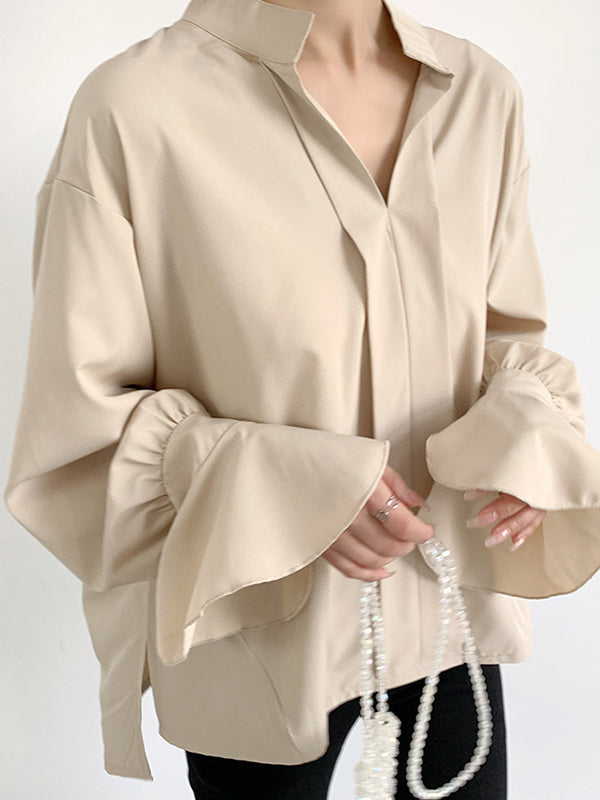 Solid Color Flared Sleeves High-low V-neck Blouses&shirts Tops