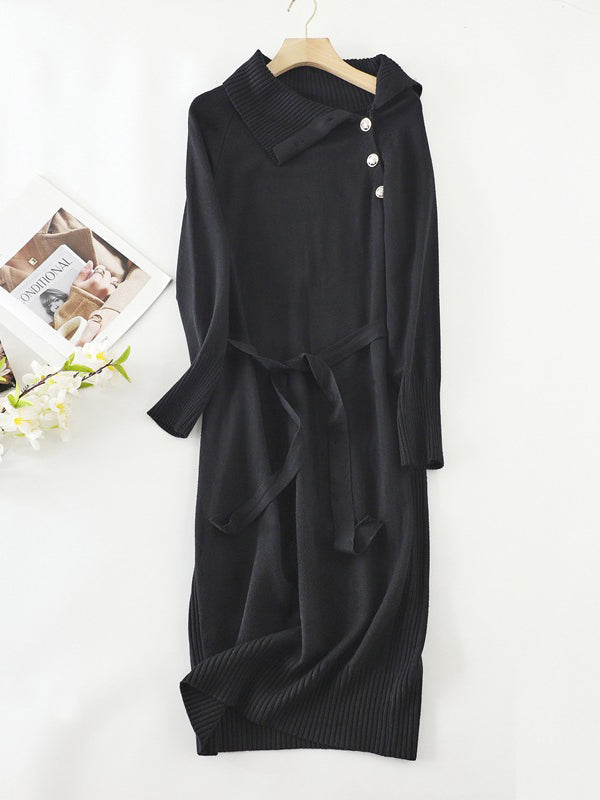 Urban Loose Long Sleeves Buttoned Bandage High-Neck Sweater Dresses
