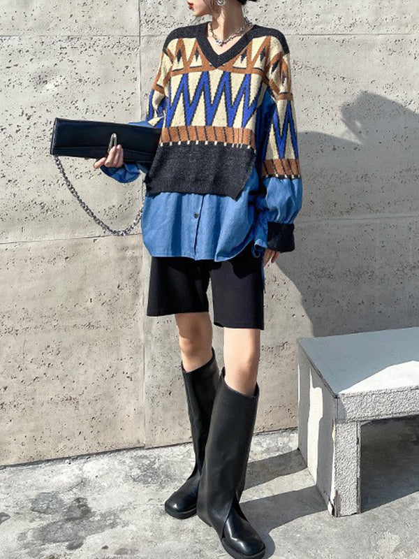 Drawstring Split-Joint False Two Long Sleeves V-Neck Sweater