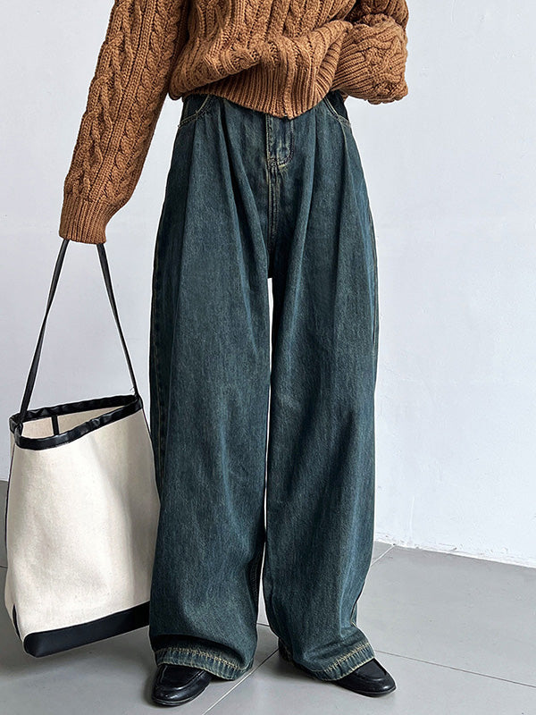 Belted Pleated Pockets High Waisted Wide Leg Jean Pants Bottoms