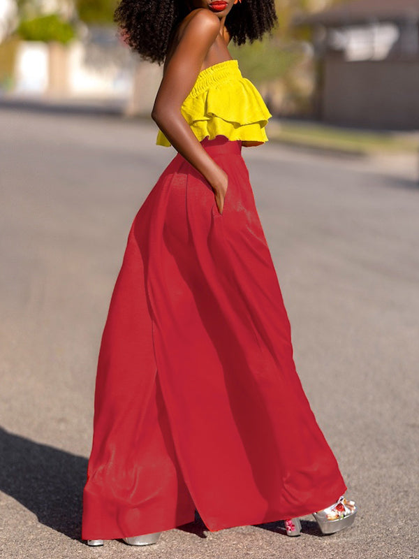 Pleated Pockets Shiny Solid Color High Waisted Loose Trousers Pants