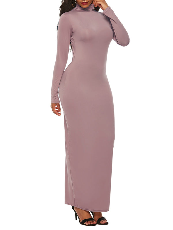 Solid Color Bodycon Long Sleeves High Neck Maxi Dresses