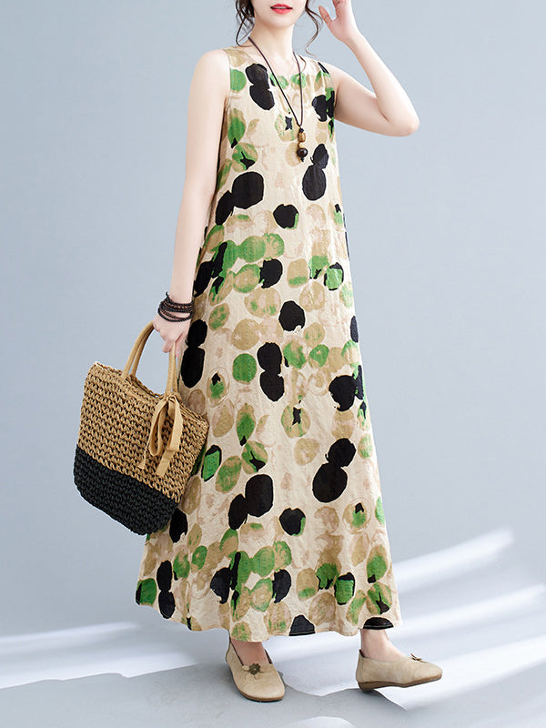 Printed Split-Joint Loose Sleeveless Round-neck Maxi Dresses