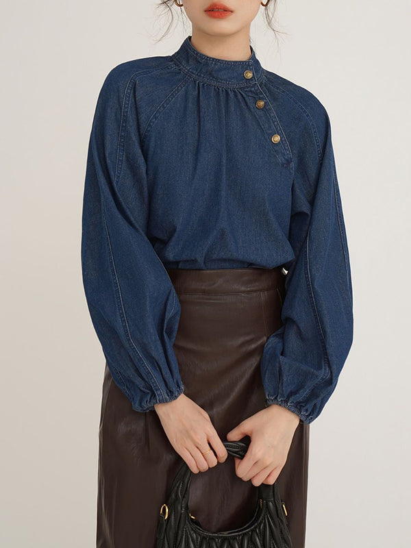Asymmetric Pleated Split-Joint Loose Puff Sleeves High Neck Blouses&Shirts Tops