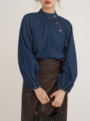 Asymmetric Pleated Split-Joint Loose Puff Sleeves High Neck Blouses&Shirts Tops