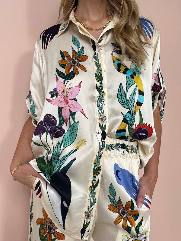 Loose Buttoned Half Sleeves Flower Print Pockets Lapel T-shirt Top + Drawstring Elasticity Pants Bottom Two Pieces Set